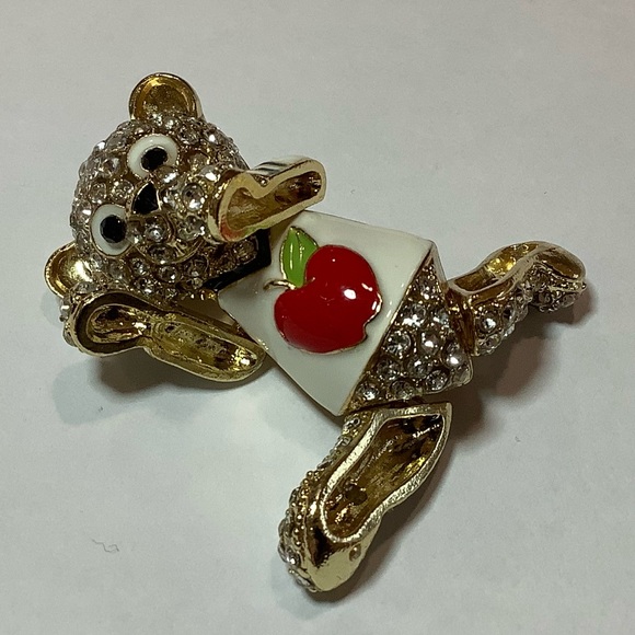 Gold-Tone Crystal Bear Apple Brooch - Picture 5 of 10